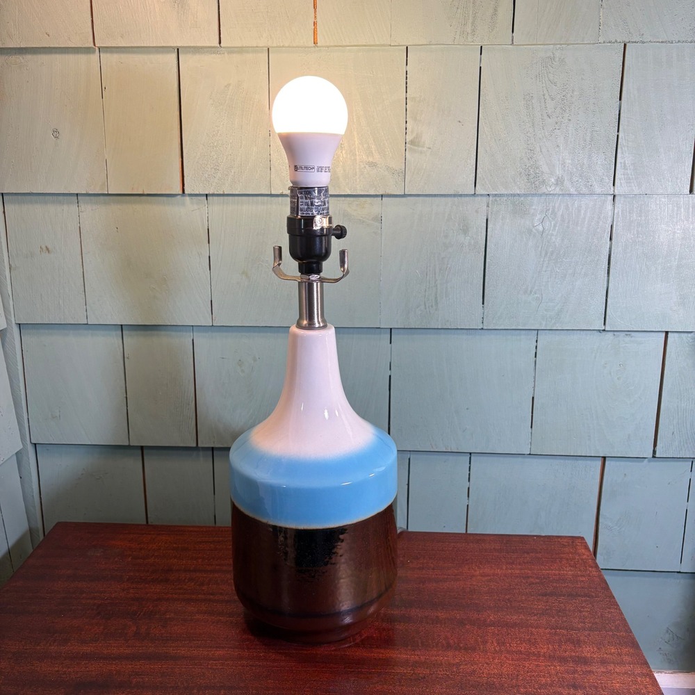 Mid Century Modern‎ Ceramic Table Lamp Blue White Bronze Glaze MCM Retro Decor